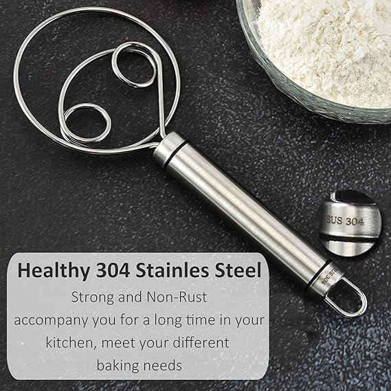 Danish Dough Whisk Food Grade 304 Stainless Steel Hand xer Bread Whisk 8.5 Inch Danish Whisk Dough Scraper Baking Tool for Bread Pastry or Pizza Dough Silver-POOWE