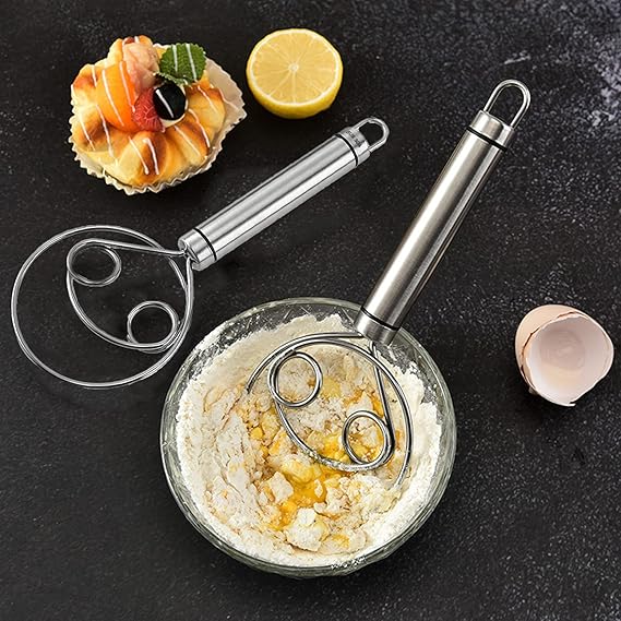 Danish Dough Whisk Food Grade 304 Stainless Steel Hand xer Bread Whisk 8.5 Inch Danish Whisk Dough Scraper Baking Tool for Bread Pastry or Pizza Dough Silver-POOWE