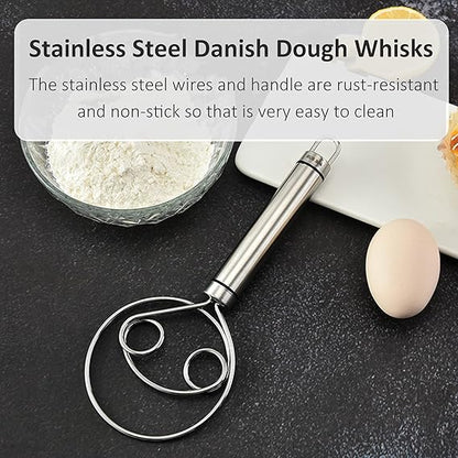 Danish Dough Whisk Food Grade 304 Stainless Steel Hand xer Bread Whisk 8.5 Inch Danish Whisk Dough Scraper Baking Tool for Bread Pastry or Pizza Dough Silver-POOWE